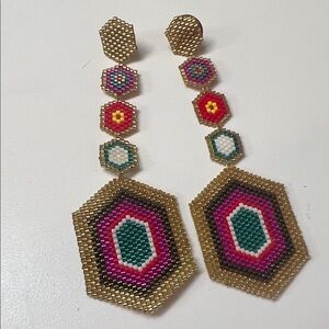 Handmade Gold-tone Beaded Drop Earrings with Pink, Green and White Accents